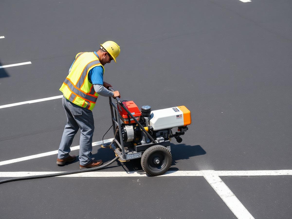 Crew member running a striping machine on fresh asphalt